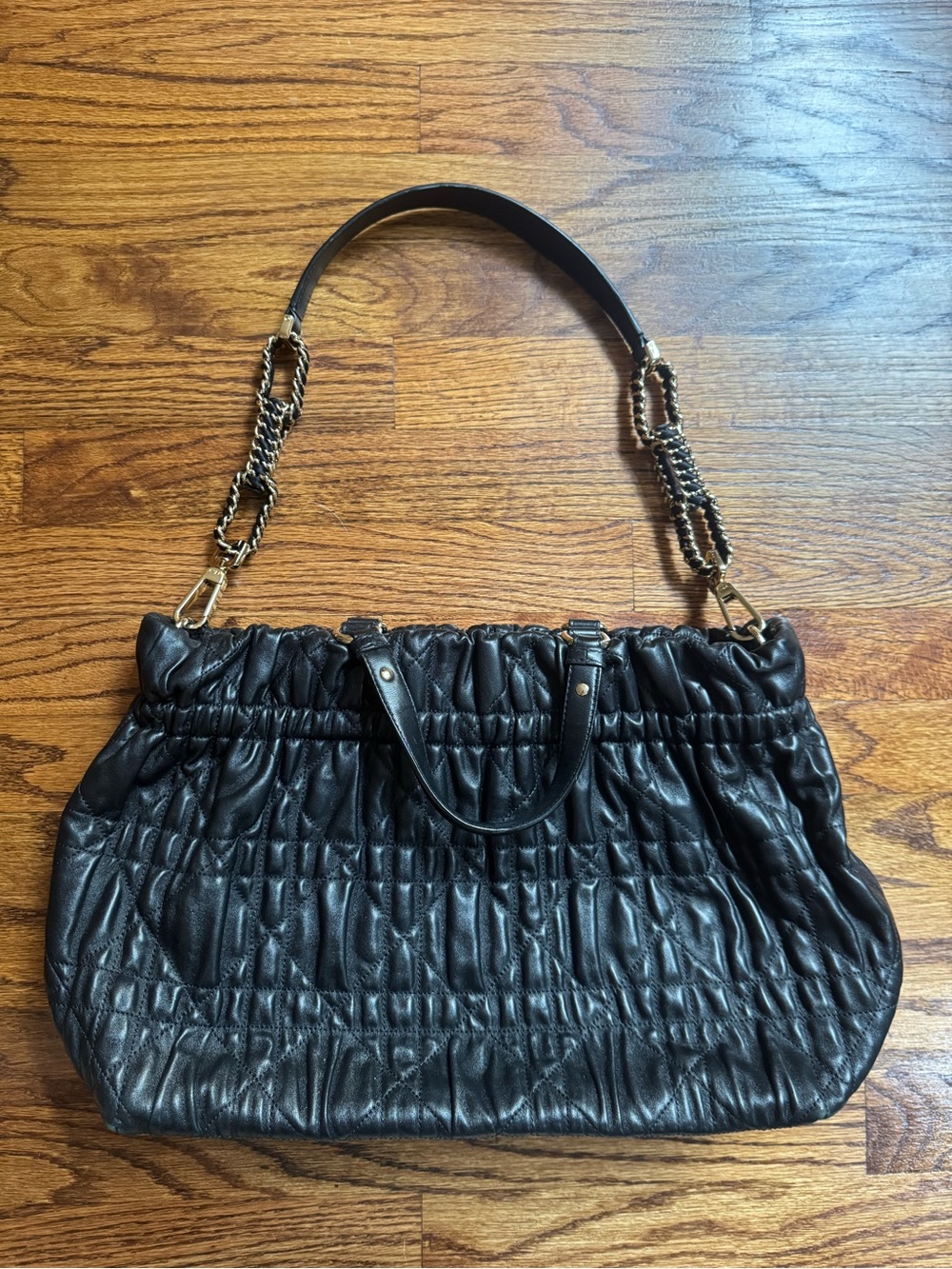Dior Black Gathered Leather Shoulder Bag with Gold Chain Straps